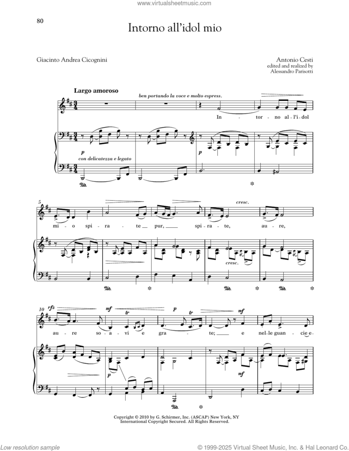 Intorno All'idol Mio (Low Voice) sheet music for voice and piano (Low Voice) by Antonio Cesti, Alessandro Parisotti (ed.), Richard Walters and Giacinto Andrea Cicognini, classical score, intermediate skill level