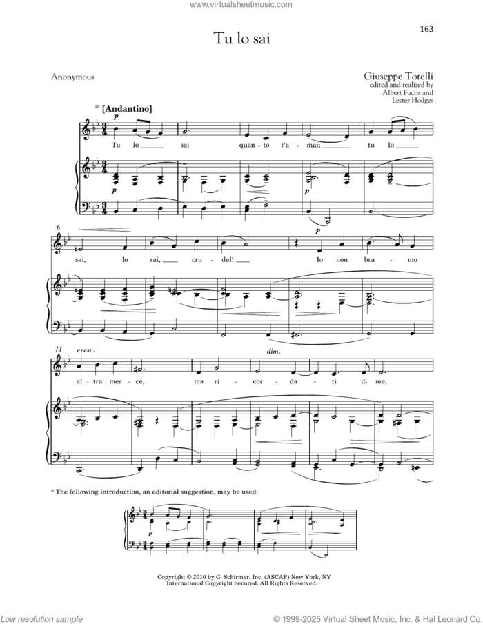 Tu Lo Sai (Low Voice) sheet music for voice and piano (Low Voice) by Giuseppe Torelli, Albert Fuchs (ed.), Lester Hodges (ed.), Richard Walters and Anonymous, classical score, intermediate skill level