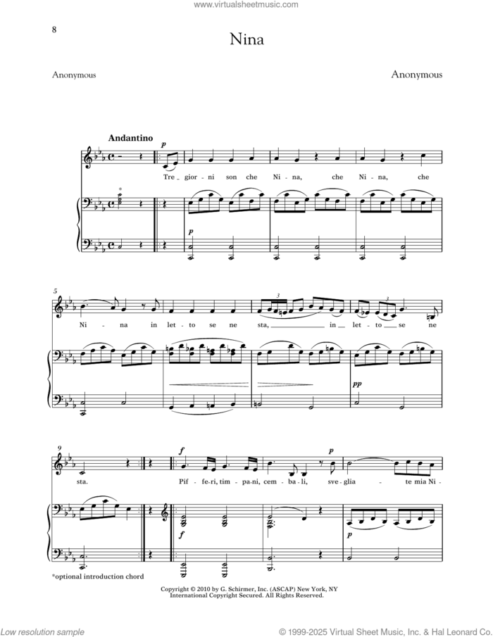 Nina (Low Voice) sheet music for voice and piano (Low Voice) by Anonymous and Richard Walters, classical score, intermediate skill level