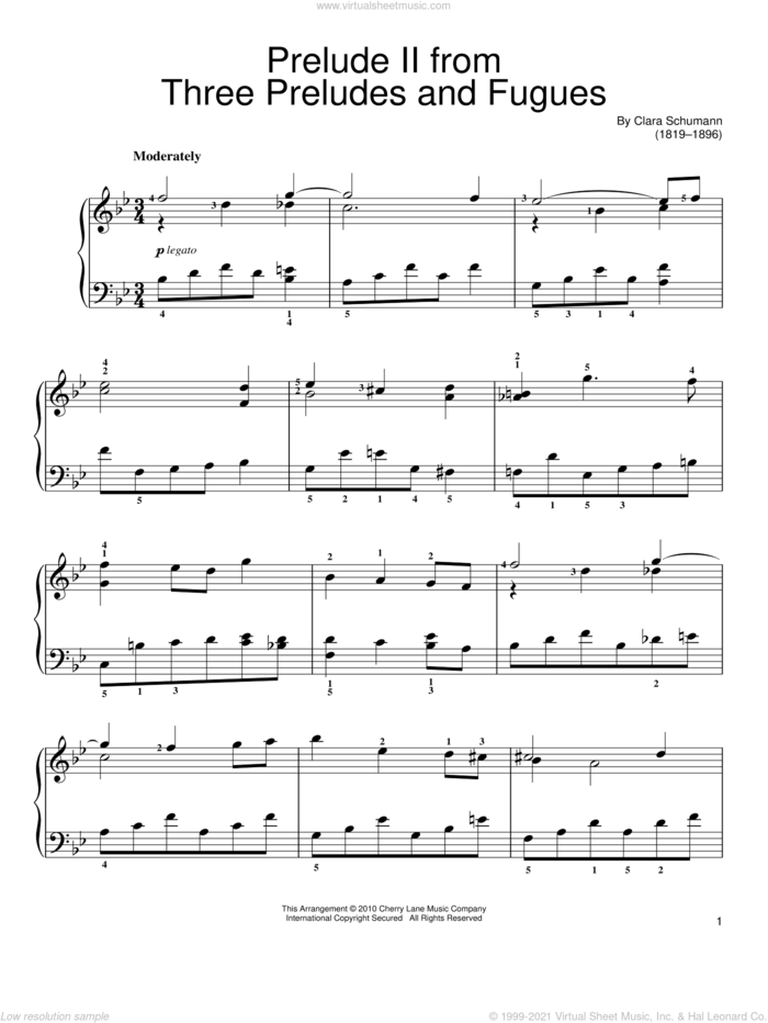 Prelude II sheet music for piano solo by Clara Schumann, classical score, easy skill level