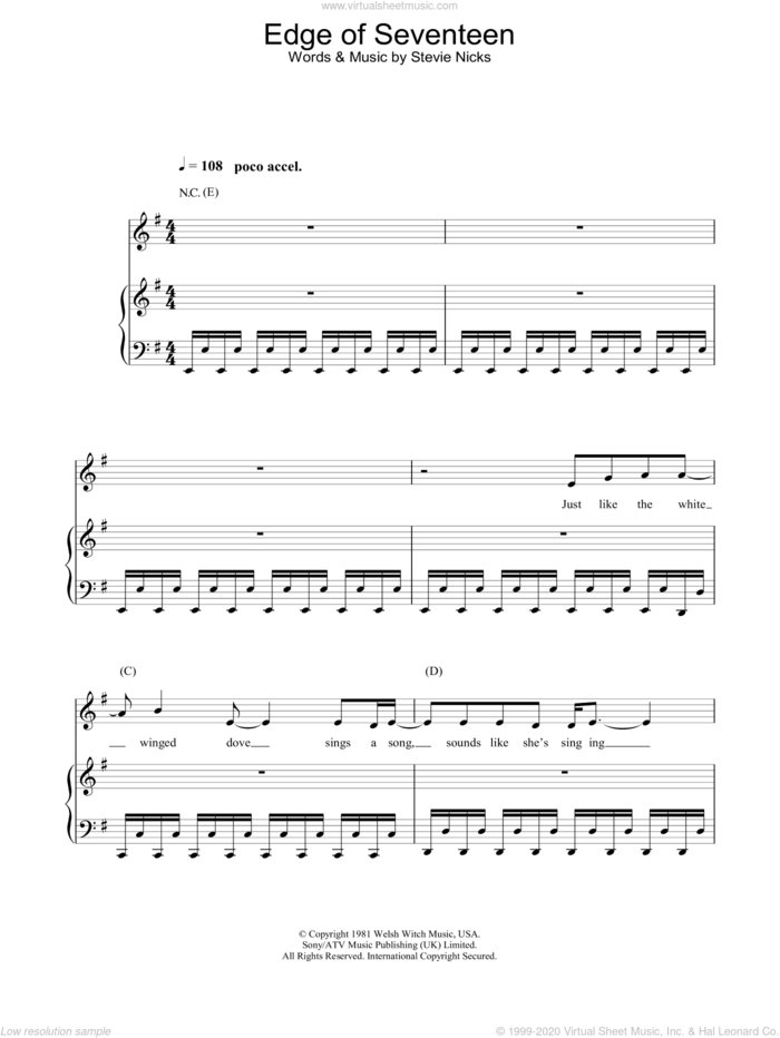 Edge Of Seventeen sheet music for voice, piano or guitar by Stevie Nicks, intermediate skill level