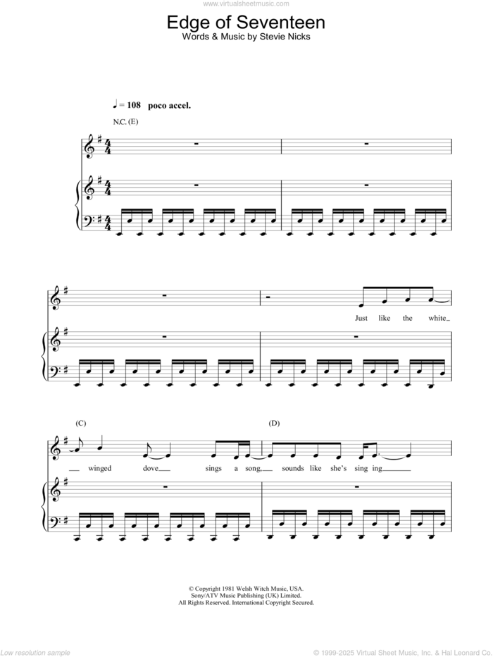 Edge Of Seventeen sheet music for voice, piano or guitar by Stevie Nicks, intermediate skill level