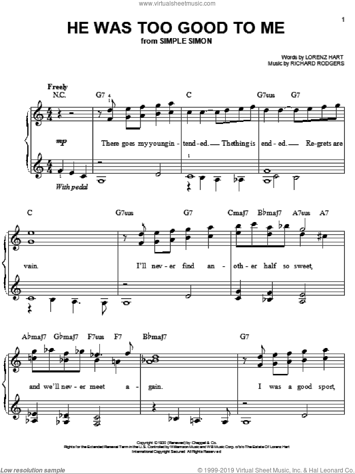 He Was Too Good To Me sheet music for piano solo by Rodgers & Hart, Lorenz Hart and Richard Rodgers, easy skill level