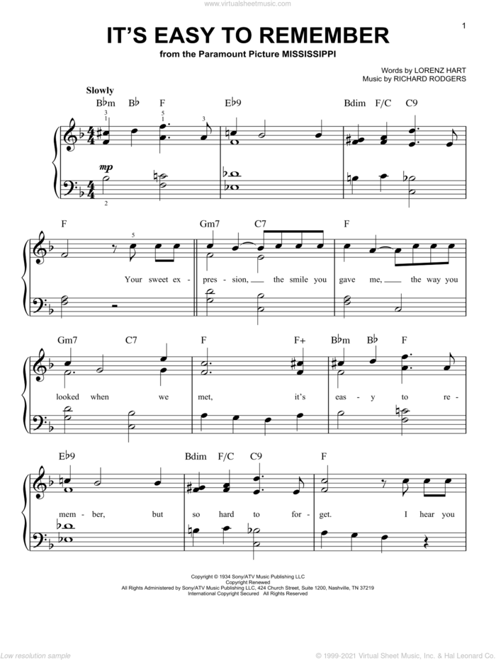 It's Easy To Remember sheet music for piano solo by Rodgers & Hart, Lorenz Hart and Richard Rodgers, easy skill level