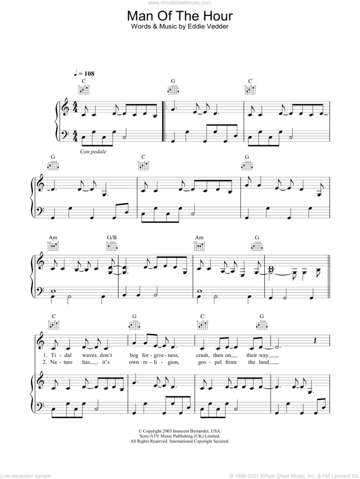 Man Of The Hour sheet music for voice, piano or guitar by Pearl Jam and Eddie Vedder, intermediate skill level