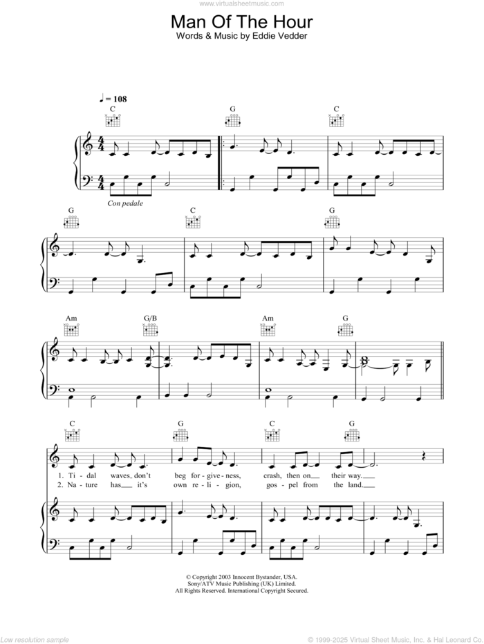 Man Of The Hour sheet music for voice, piano or guitar by Pearl Jam and Eddie Vedder, intermediate skill level