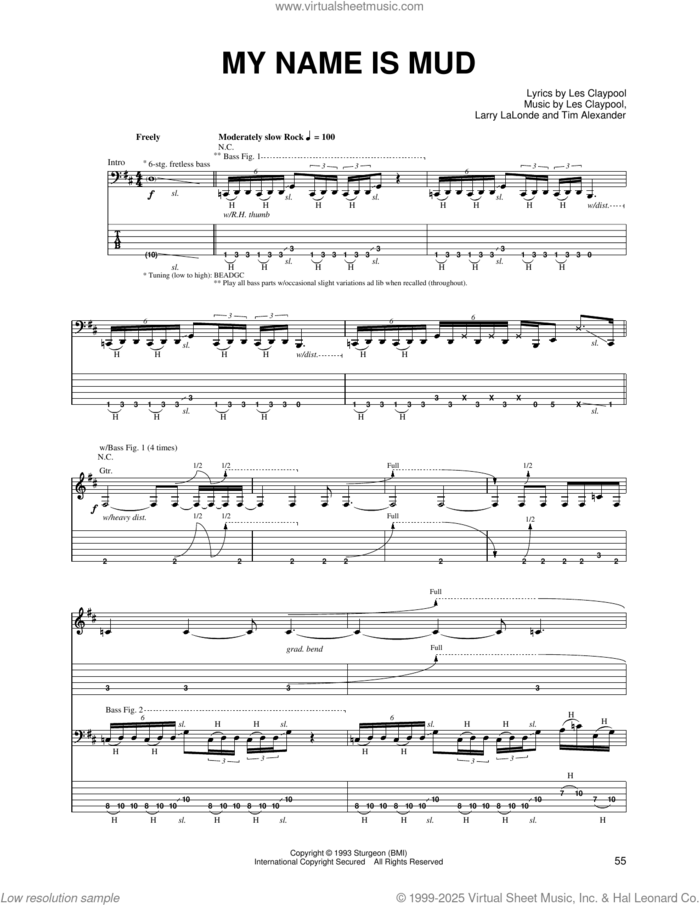 My Name Is Mud sheet music for guitar (tablature) by Primus, Larry LaLonde, Les Claypool and Tim Alexander, intermediate skill level