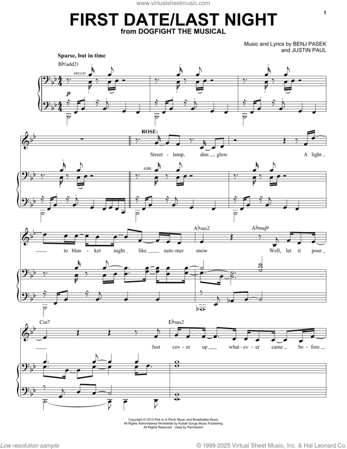 First Date/Last Night (from Dogfight) sheet music for voice and piano by Pasek & Paul, Lindsay Mendez, Benj Pasek and Justin Paul, intermediate skill level