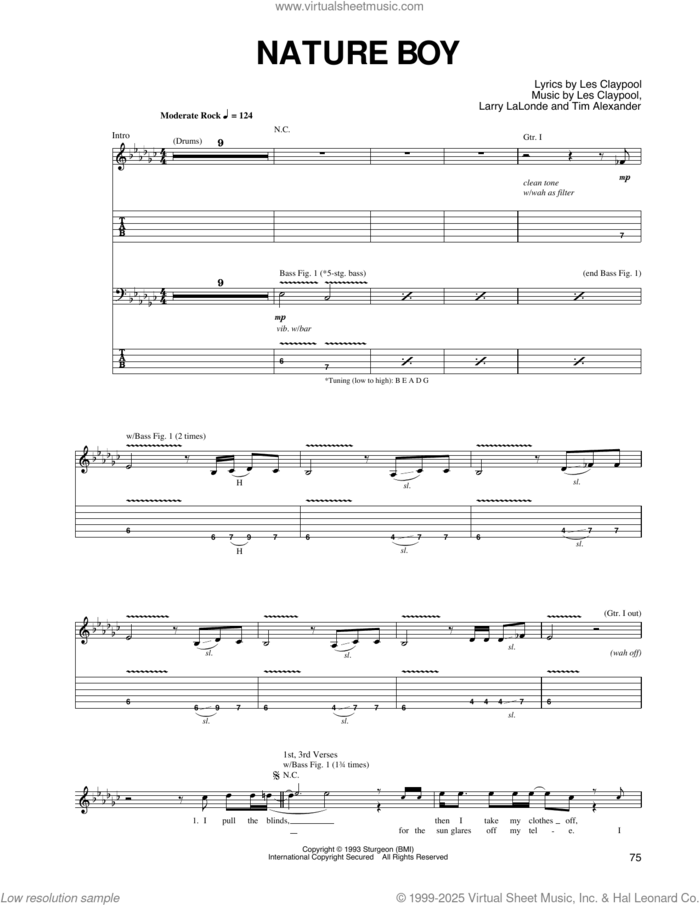 Nature Boy sheet music for guitar (tablature) by Primus, Larry LaLonde, Les Claypool and Tim Alexander, intermediate skill level