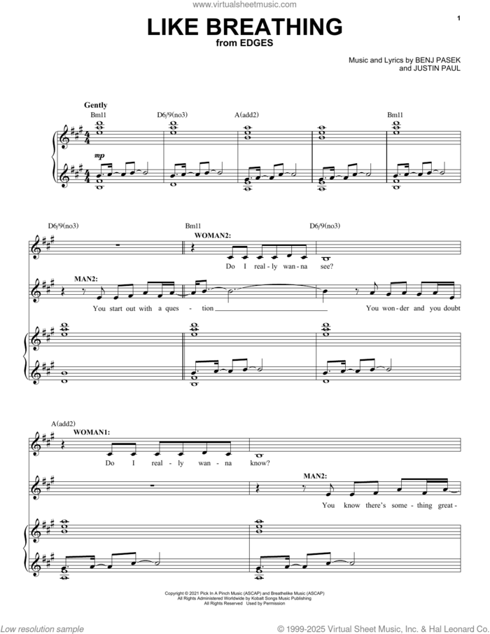 Like Breathing (from Edges) sheet music for voice and piano by Pasek & Paul, Benj Pasek and Justin Paul, intermediate skill level