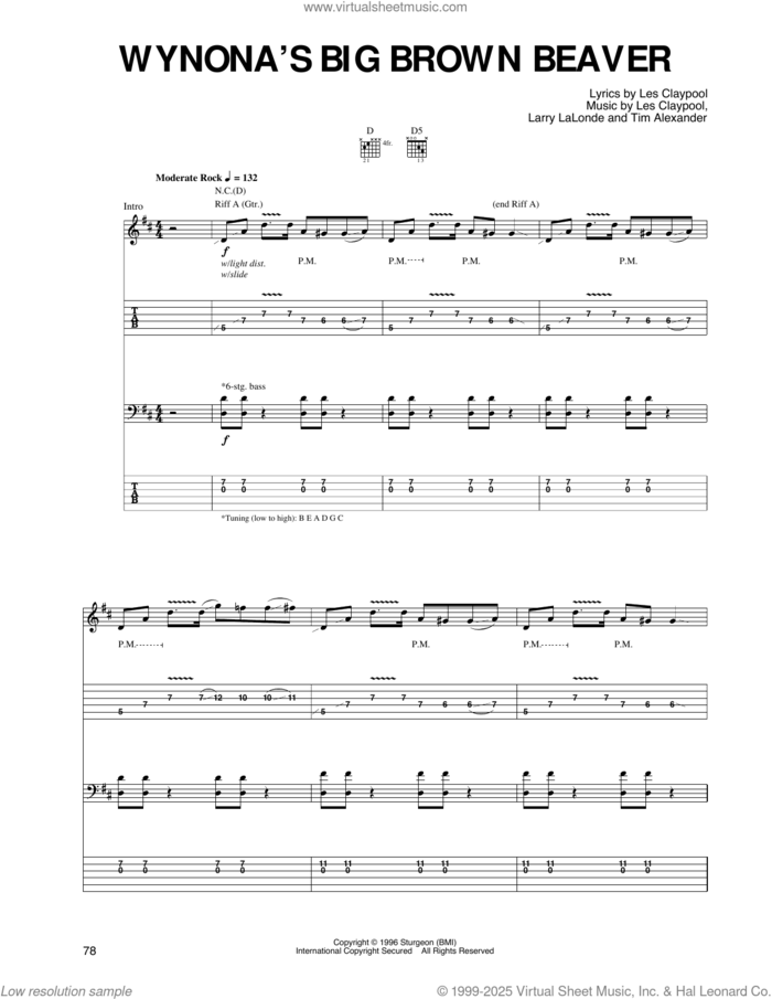 Wynona's Big Brown Beaver sheet music for guitar (tablature) by Primus, Larry LaLonde, Les Claypool and Tim Alexander, intermediate skill level