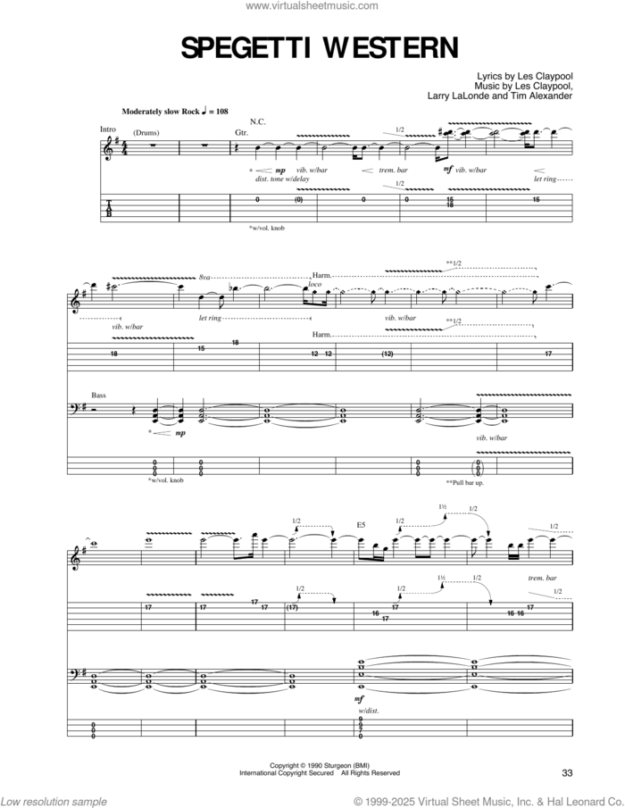 Spegetti Western sheet music for guitar (tablature) by Primus, Larry LaLonde, Les Claypool and Tim Alexander, intermediate skill level