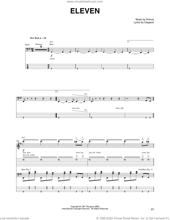 Eleven sheet music for guitar (tablature) by Primus and Claypool, intermediate skill level