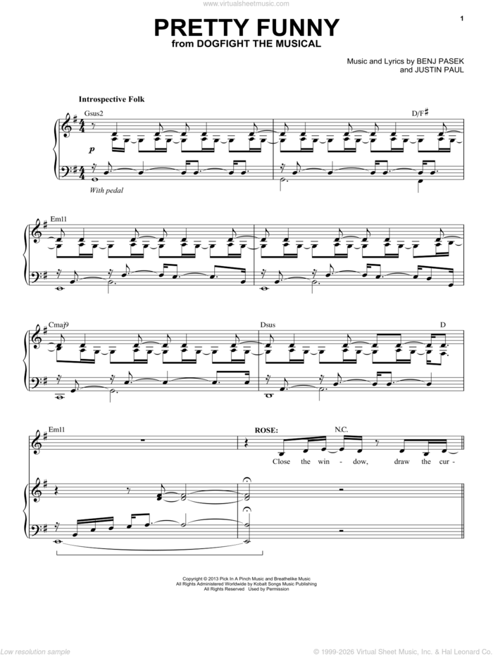 Pretty Funny (from Dogfight) sheet music for voice and piano by Benj Pasek, Lindsay Mendez, Justin Paul and Pasek & Paul, intermediate skill level