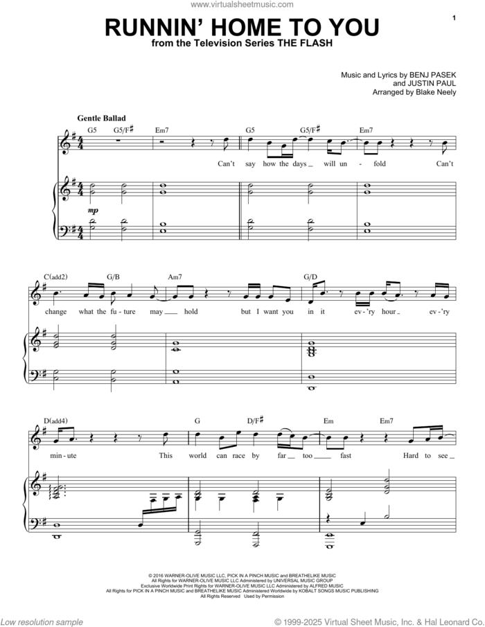 Runnin' Home To You (from The Flash) sheet music for voice and piano by Pasek & Paul, Benj Pasek, Blake Neely and Justin Paul, intermediate skill level