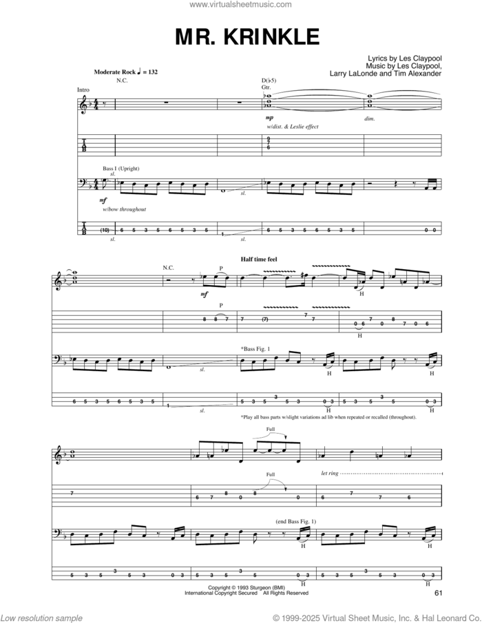 Mr. Krinkle sheet music for guitar (tablature) by Primus, Larry LaLonde, Les Claypool and Tim Alexander, intermediate skill level