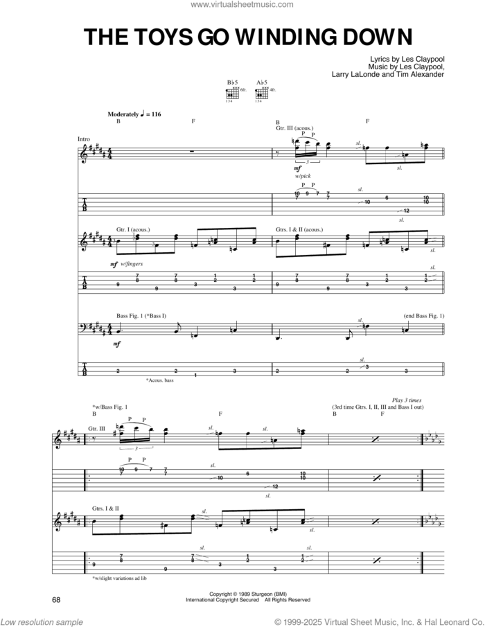 The Toys Go Winding Down sheet music for guitar (tablature) by Primus, Larry LaLonde, Les Claypool and Tim Alexander, intermediate skill level