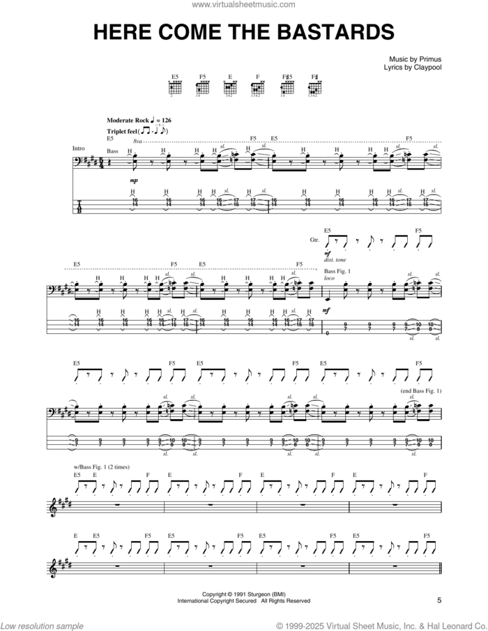 Here Come The Bastards sheet music for guitar (tablature) by Primus and Claypool, intermediate skill level