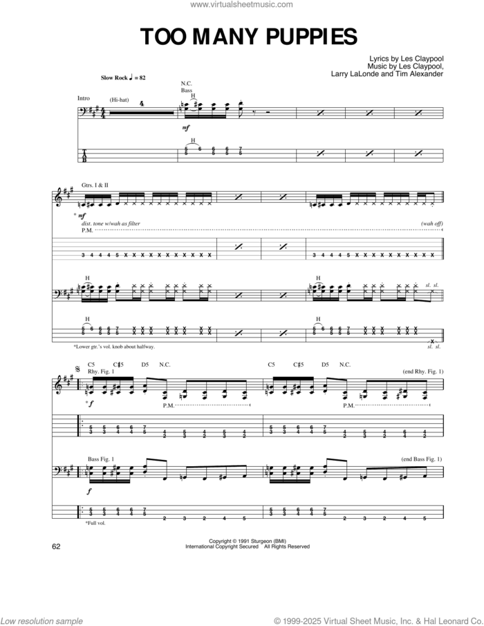 Too Many Puppies sheet music for guitar (tablature) by Primus, Larry LaLonde, Les Claypool and Tim Alexander, intermediate skill level