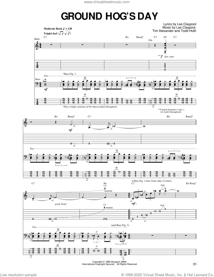 Ground Hog's Day sheet music for guitar (tablature) by Primus, Les Claypool, Tim Alexander and Todd Huth, intermediate skill level