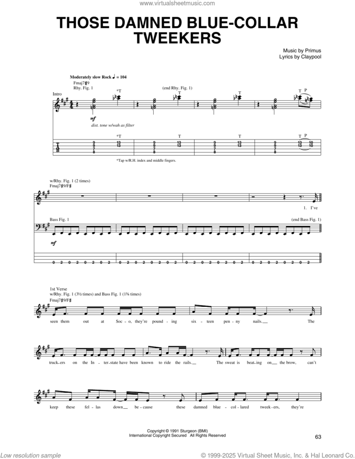 Those Damn Blue-Collar Tweekers sheet music for guitar (tablature) by Primus and Claypool, intermediate skill level