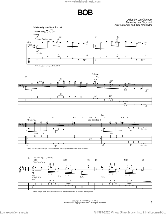 Bob sheet music for guitar (tablature) by Primus, Larry LaLonde, Les Claypool and Tim Alexander, intermediate skill level