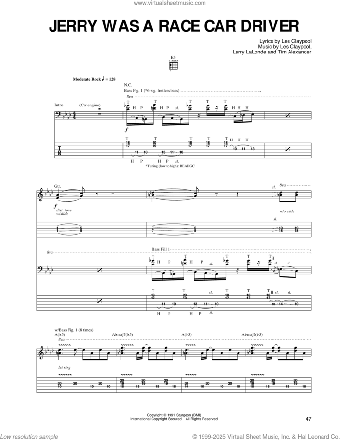 Jerry Was A Race Car Driver sheet music for guitar (tablature) by Primus, Leslie E. Claypool, Reid L. Lalonde III and Timothy W. Alexander, intermediate skill level