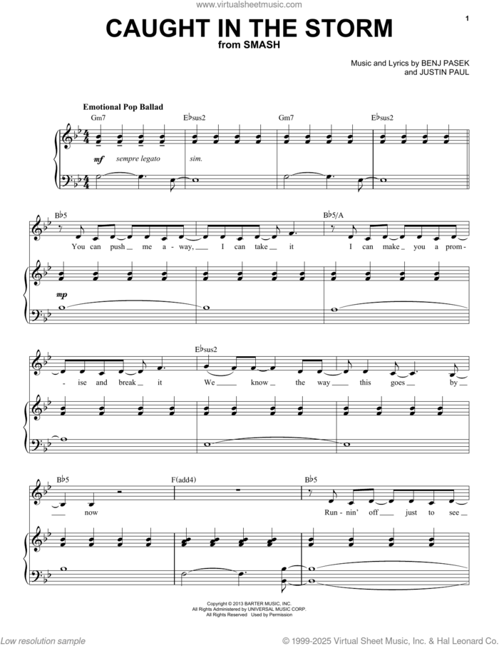 Caught In The Storm (from Smash) sheet music for voice and piano by Pasek & Paul, Katharine McPhee, Benj Pasek and Justin Paul, intermediate skill level