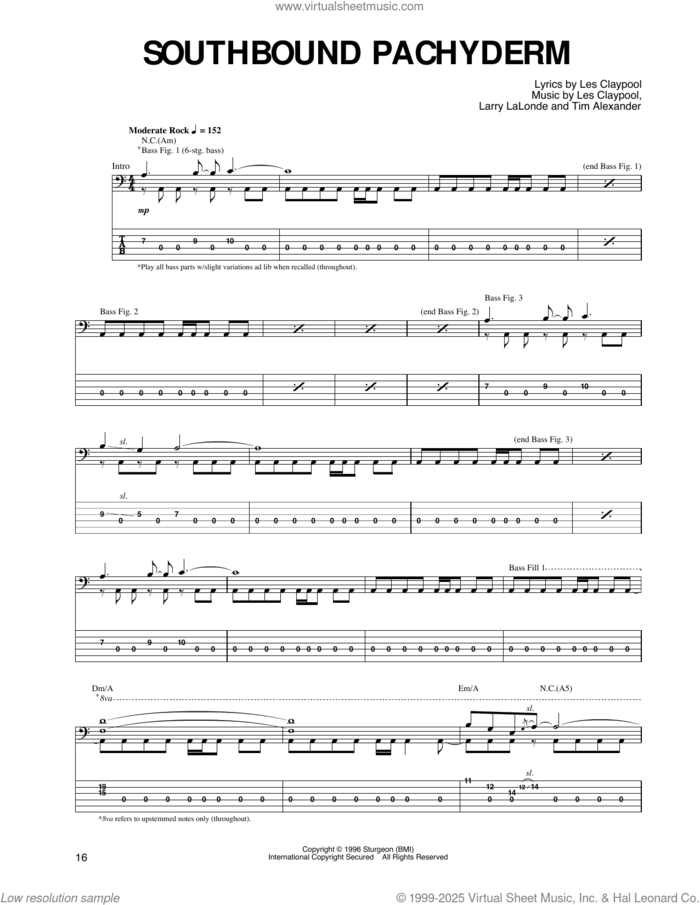 Southbound Pachyderm sheet music for guitar (tablature) by Primus, Larry LaLonde, Les Claypool and Tim Alexander, intermediate skill level