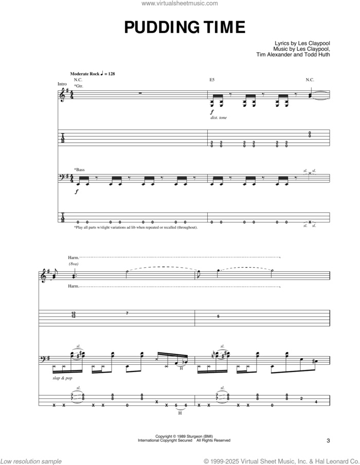 Pudding Time sheet music for guitar (tablature) by Primus, Les Claypool, Tim Alexander and Todd Huth, intermediate skill level