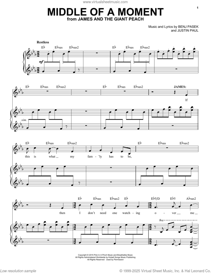 Middle Of A Moment (from James And The Giant Peach) sheet music for voice and piano by Pasek & Paul, Benj Pasek and Justin Paul, intermediate skill level