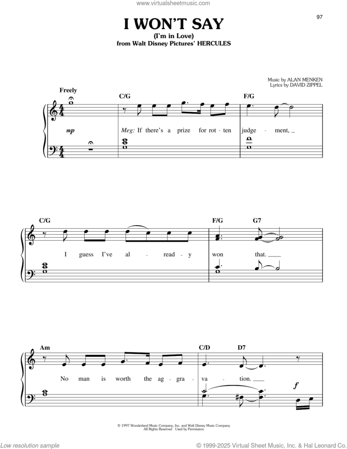 I Won't Say (I'm In Love) (from Hercules) sheet music for piano solo by Alan Menken and David Zippel, easy skill level