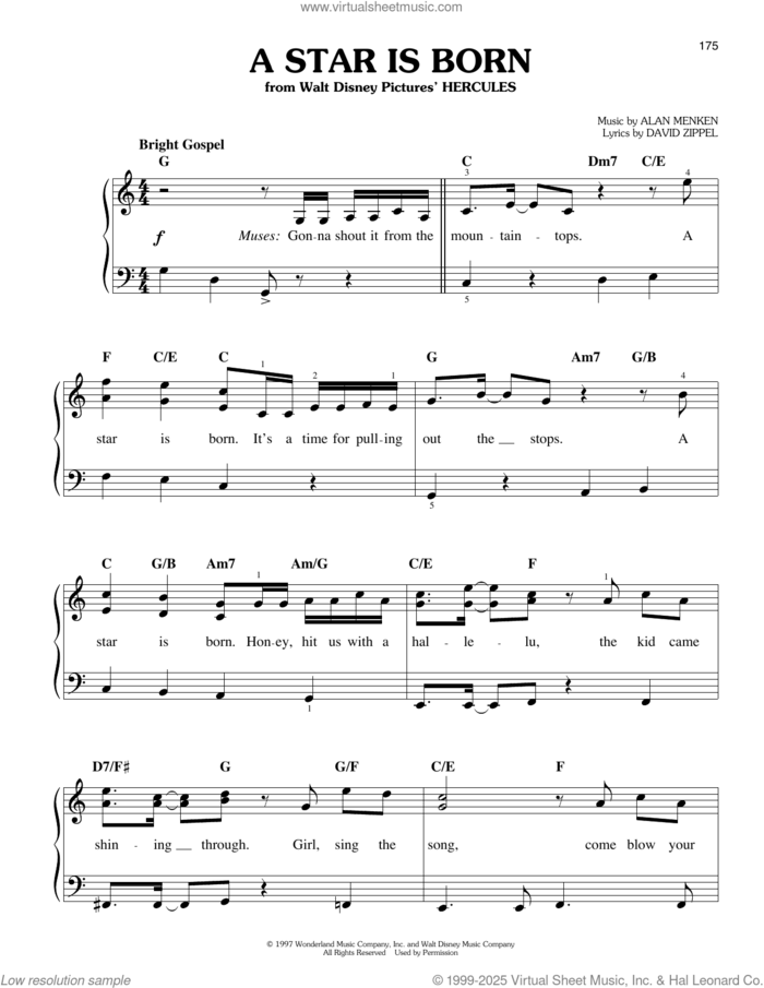 A Star Is Born (from Hercules) sheet music for piano solo by Alan Menken and David Zippel, easy skill level