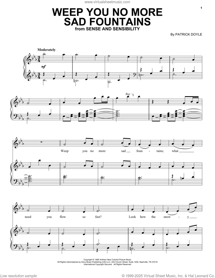 Weep You No More Sad Fountains (from Sense and Sensibility) sheet music for voice and piano by Patrick Doyle, classical score, intermediate skill level