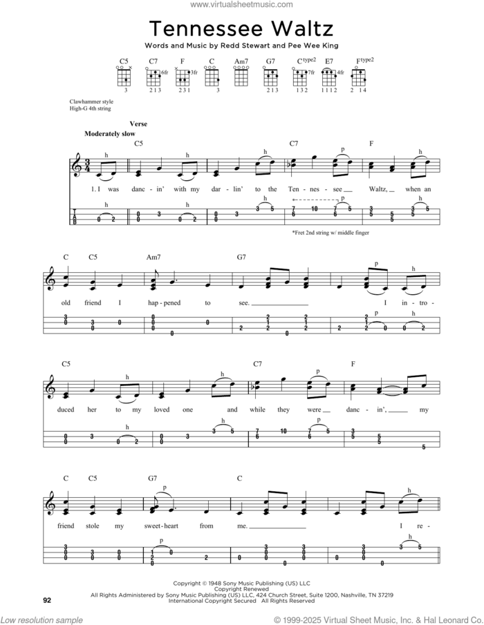 Tennessee Waltz (arr. Jim Schustedt) sheet music for ukulele by Patti Page, Jim Schustedt, Pee Wee King and Redd Stewart, intermediate skill level