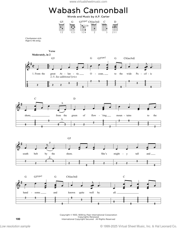 Wabash Cannonball (arr. Jim Schustedt) sheet music for ukulele by The Carter Family, Jim Schustedt and A.P. Carter, intermediate skill level