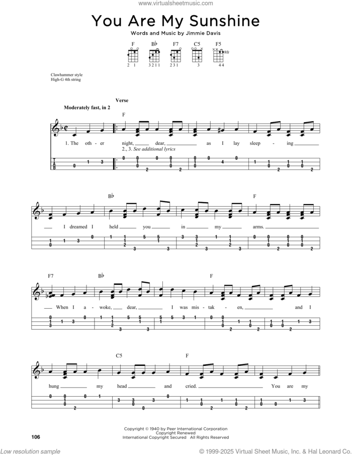 You Are My Sunshine (arr. Jim Schustedt) sheet music for ukulele by Duane Eddy, Jim Schustedt and Jimmie Davis, intermediate skill level