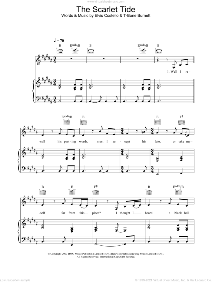 The Scarlet Tide sheet music for voice, piano or guitar by Alison Krauss, Elvis Costello and T-Bone Burnett, intermediate skill level