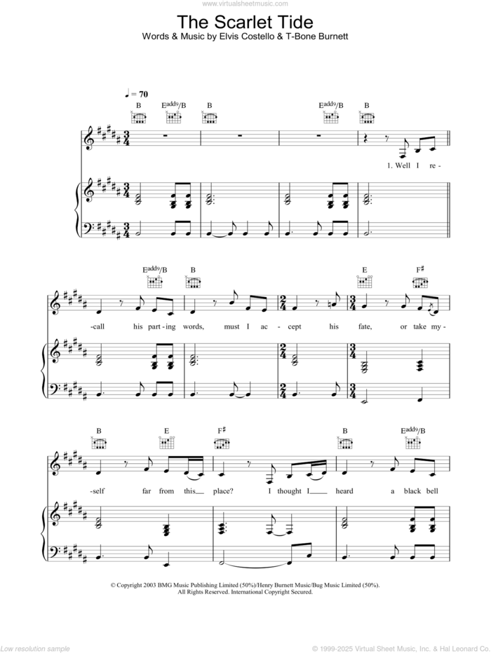 The Scarlet Tide sheet music for voice, piano or guitar by Alison Krauss, Elvis Costello and T-Bone Burnett, intermediate skill level