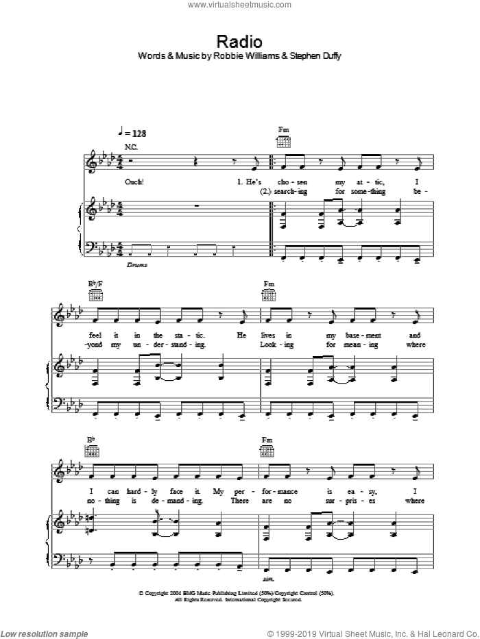 Radio sheet music for voice, piano or guitar by Robbie Williams and Stephen Duffy, intermediate skill level