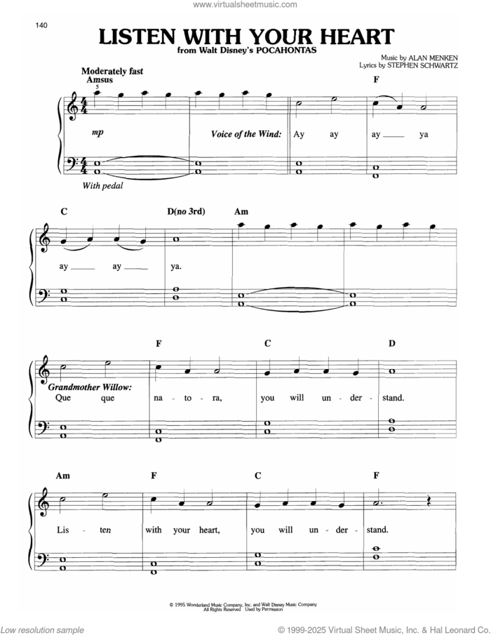 Listen With Your Heart (from Pocahontas) sheet music for piano solo by Alan Menken and Stephen Schwartz, easy skill level