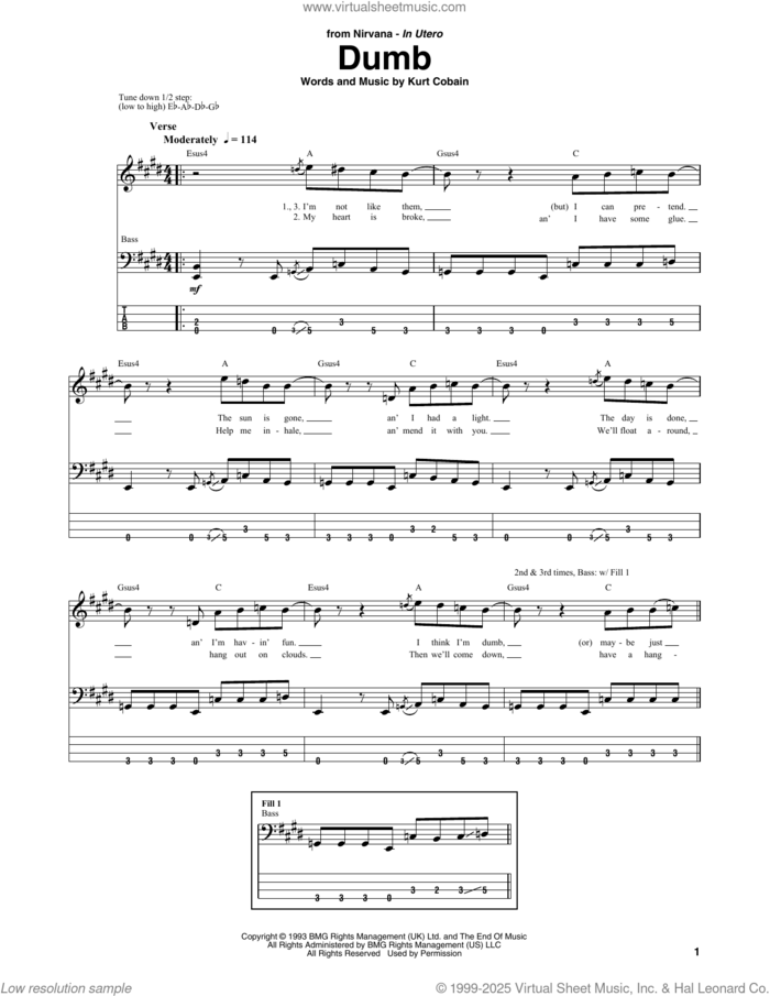 Dumb sheet music for bass (tablature) (bass guitar) by Nirvana and Kurt Cobain, intermediate skill level