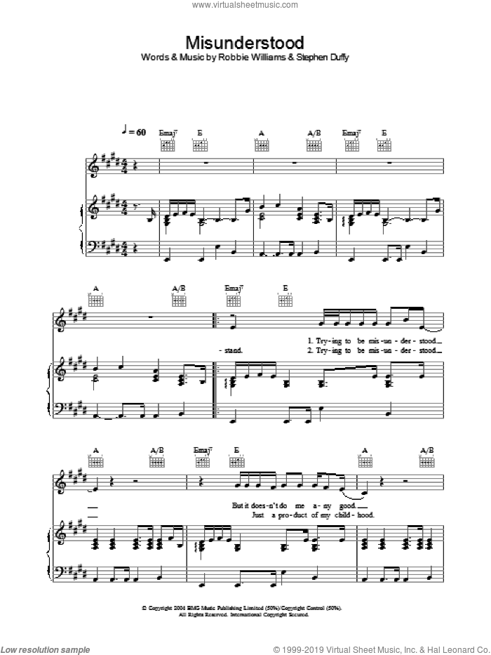 Misunderstood sheet music for voice, piano or guitar by Robbie Williams and Stephen Duffy, intermediate skill level