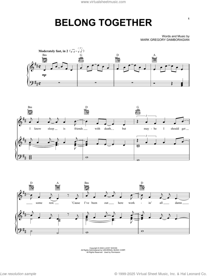 Belong Together sheet music for voice, piano or guitar by Mark Ambor and Mark Gregory Damboragian, intermediate skill level