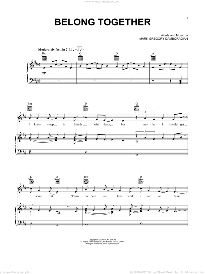 Belong Together sheet music for voice, piano or guitar by Mark Ambor and Mark Gregory Damboragian, intermediate skill level