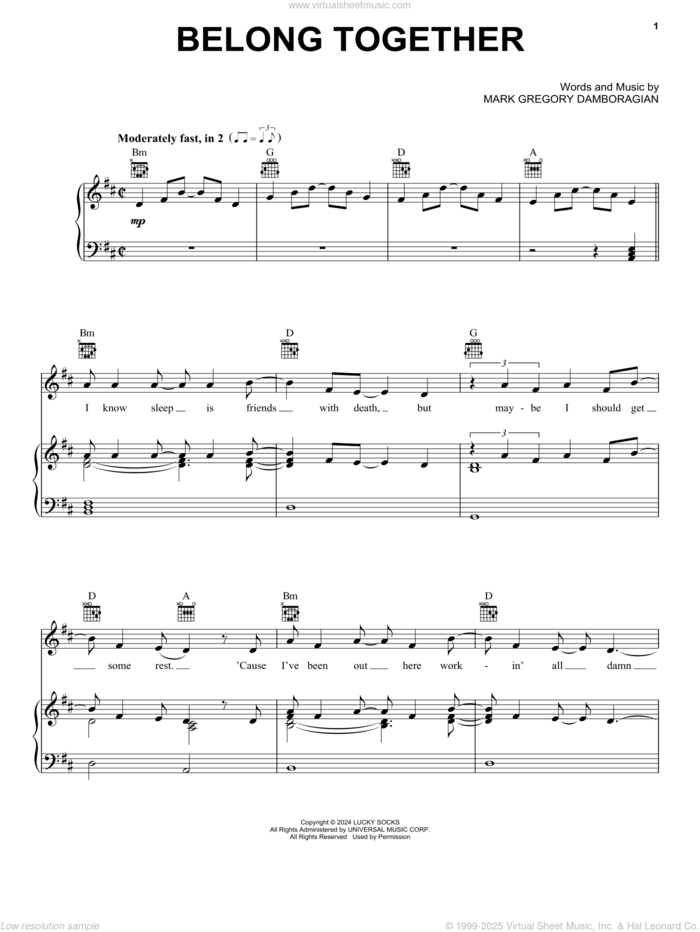 Belong Together sheet music for voice, piano or guitar by Mark Ambor and Mark Gregory Damboragian, intermediate skill level