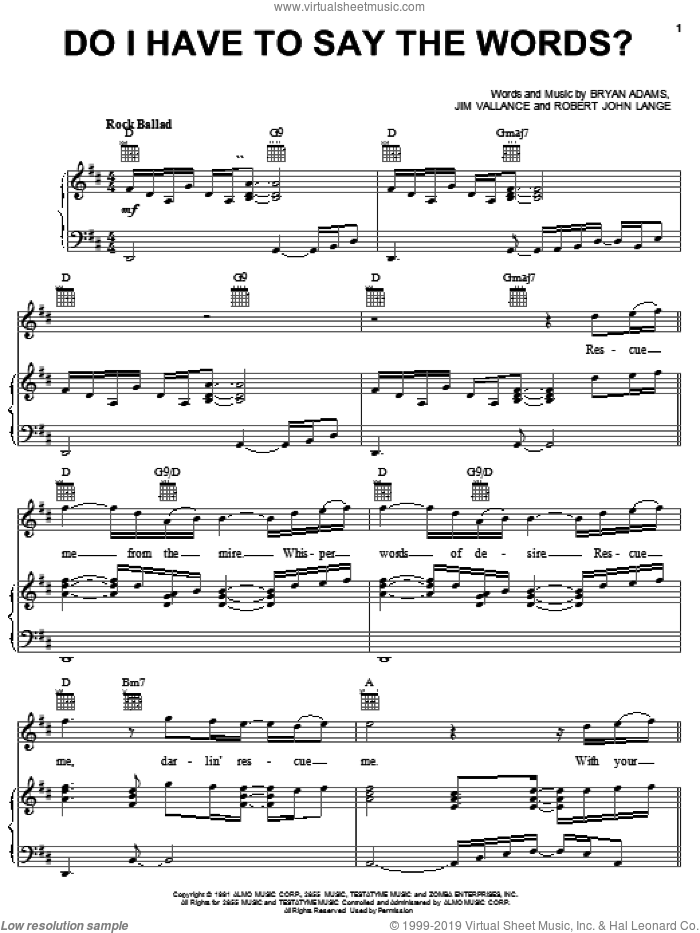 Do I Have To Say The Words? sheet music for voice, piano or guitar by Bryan Adams, Jim Vallance and Robert John Lange, intermediate skill level