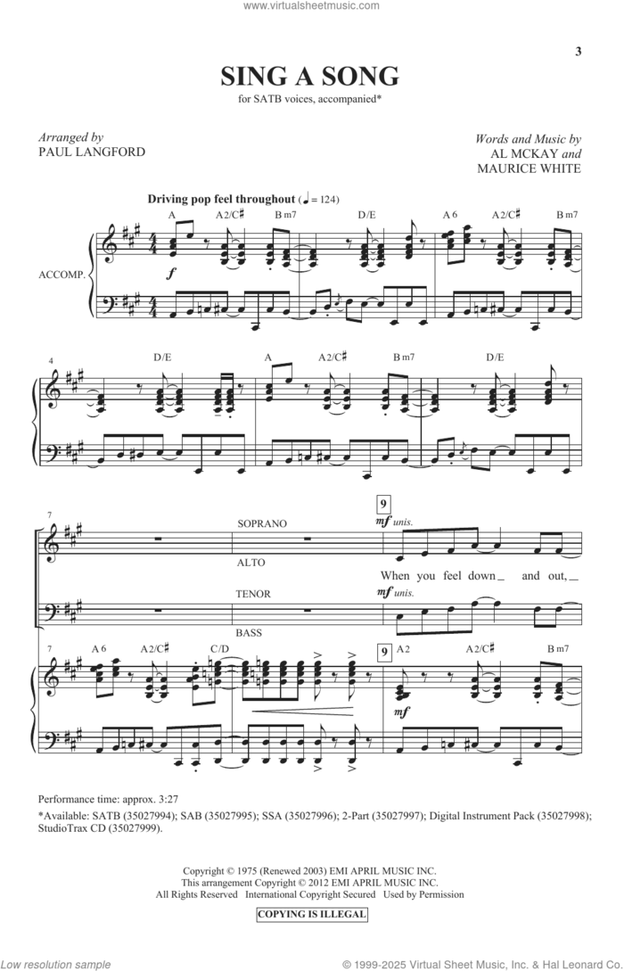 Sing A Song (arr. Paul Langford) sheet music for choir (SATB: soprano, alto, tenor, bass) by Earth, Wind & Fire, Paul Langford, Al McKay and Maurice White, intermediate skill level