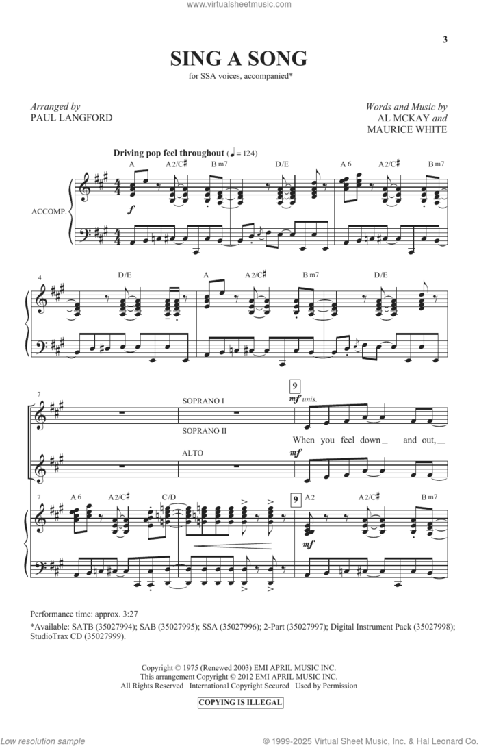 Sing A Song (arr. Paul Langford) sheet music for choir (SSA: soprano, alto) by Earth, Wind & Fire, Paul Langford, Al McKay and Maurice White, intermediate skill level