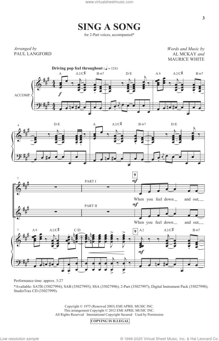 Sing A Song (arr. Paul Langford) sheet music for choir (2-Part) by Earth, Wind & Fire, Paul Langford, Al McKay and Maurice White, intermediate duet